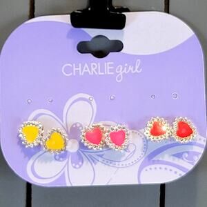 Charlie Girl Heart Stud Earrings Set Yellow Pink Red Rhinestone Trim Kidcore